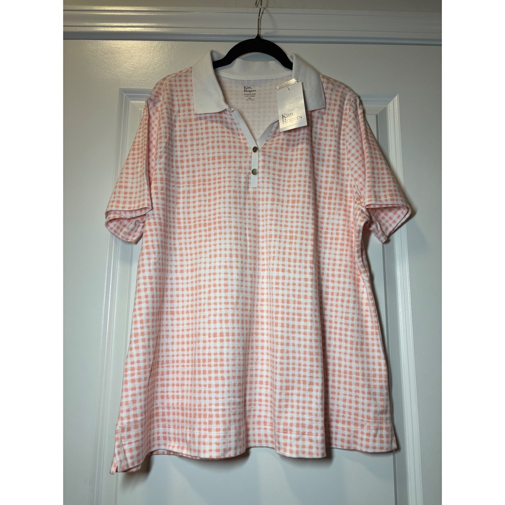 Kim Rogers NWT Womens XL Peach Gingham Polo Shirt Short Sleeve 100% Cotton